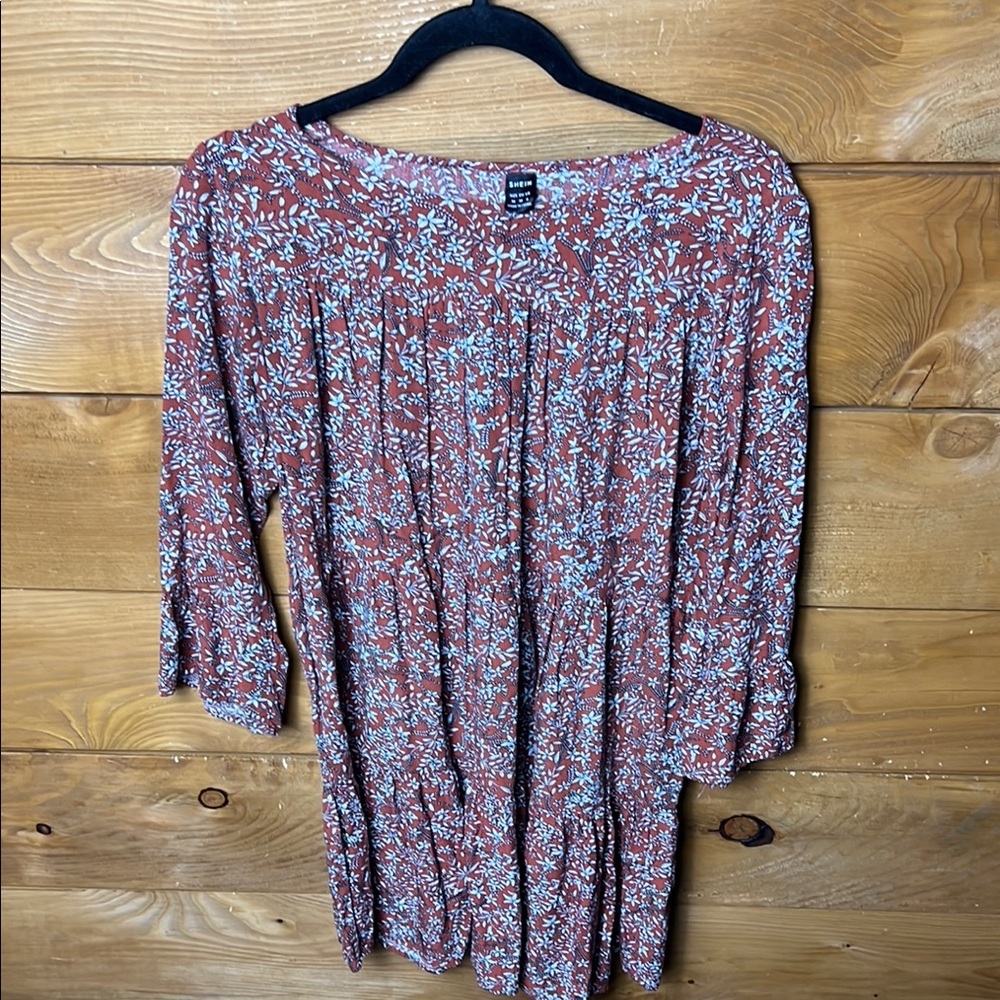SHEIN Womens Over Floral Print Flounce Long Sleeve Bardot Dress M rust blue Mini